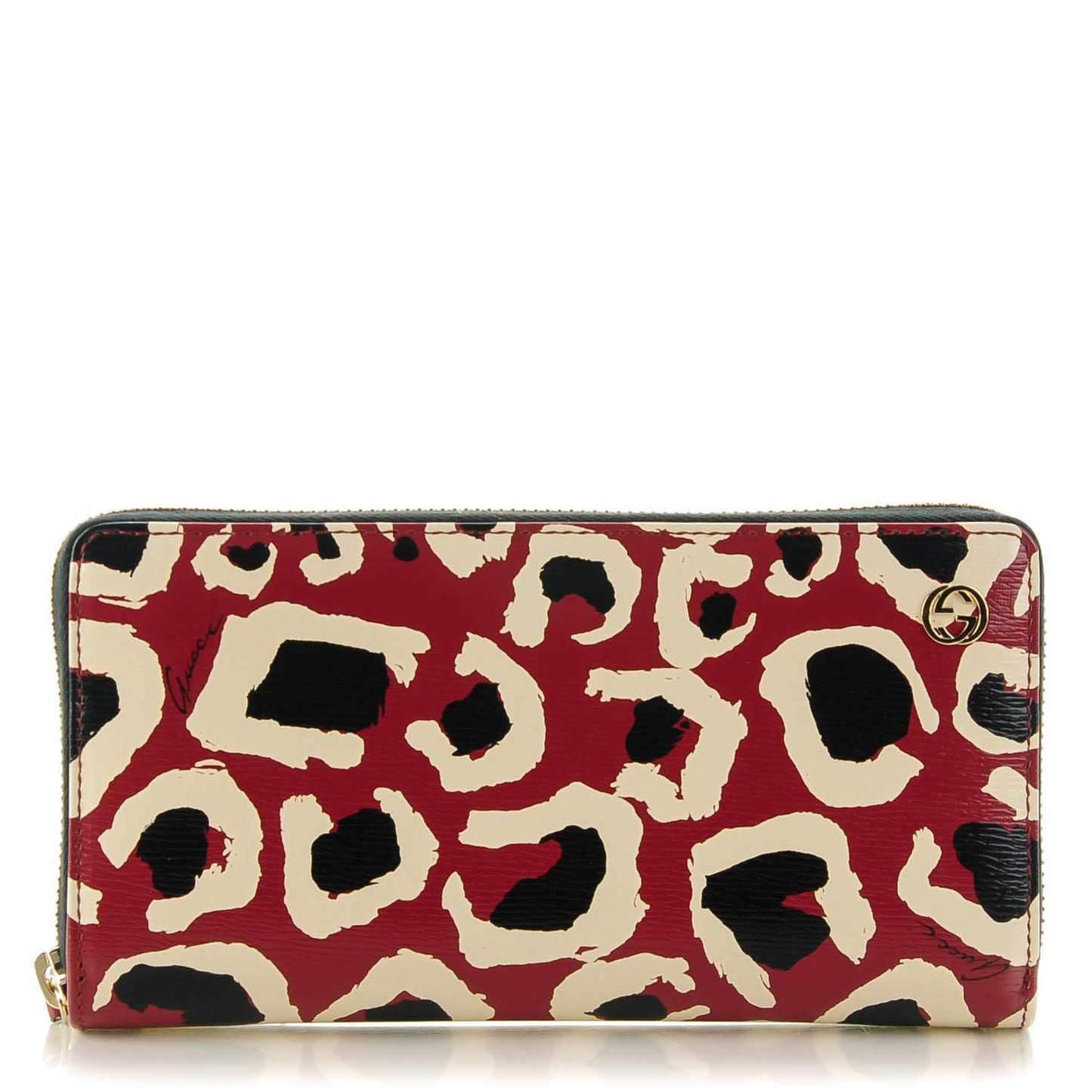 Leather Leopard Print Zip Around Wallet Red