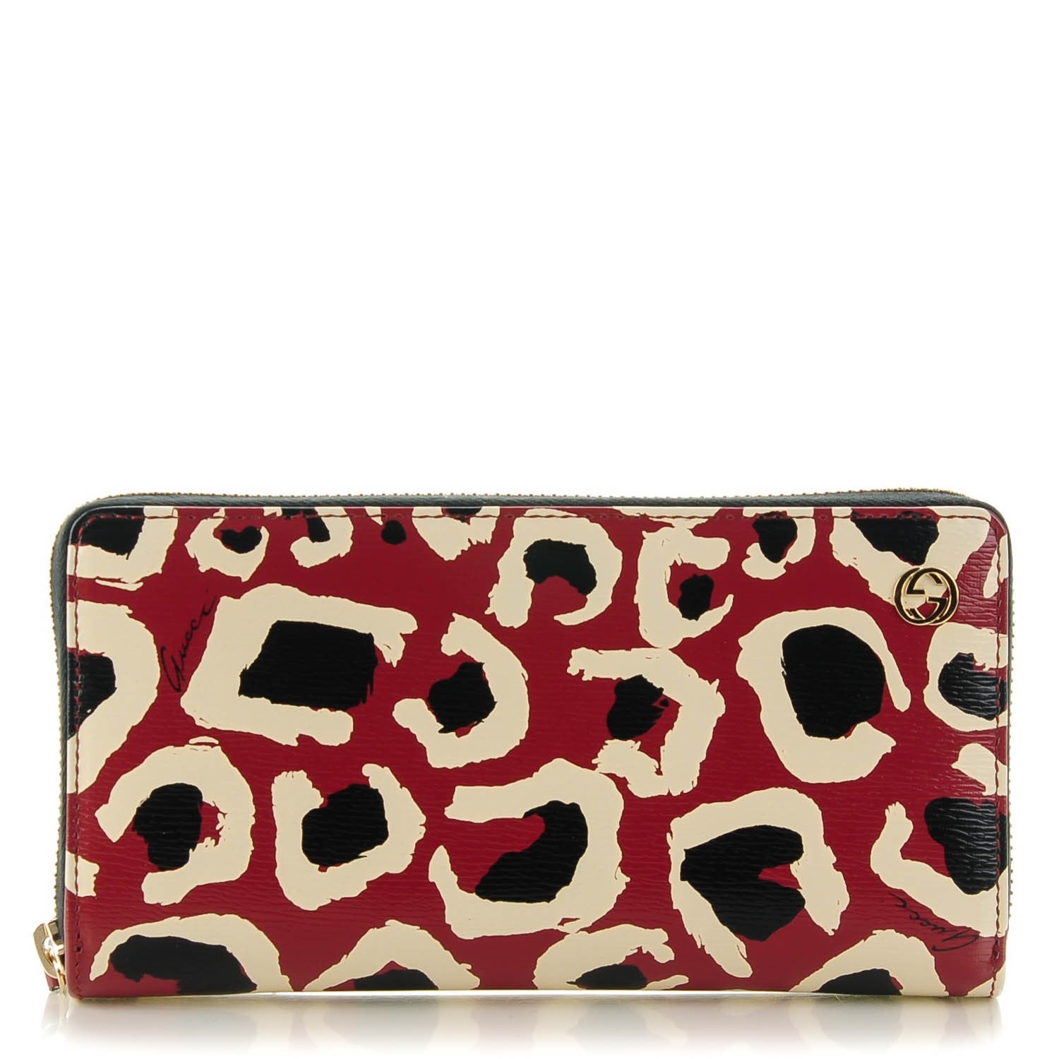 Gucci Leather Leopard Print Zip Around Wallet Red 1 of 7
