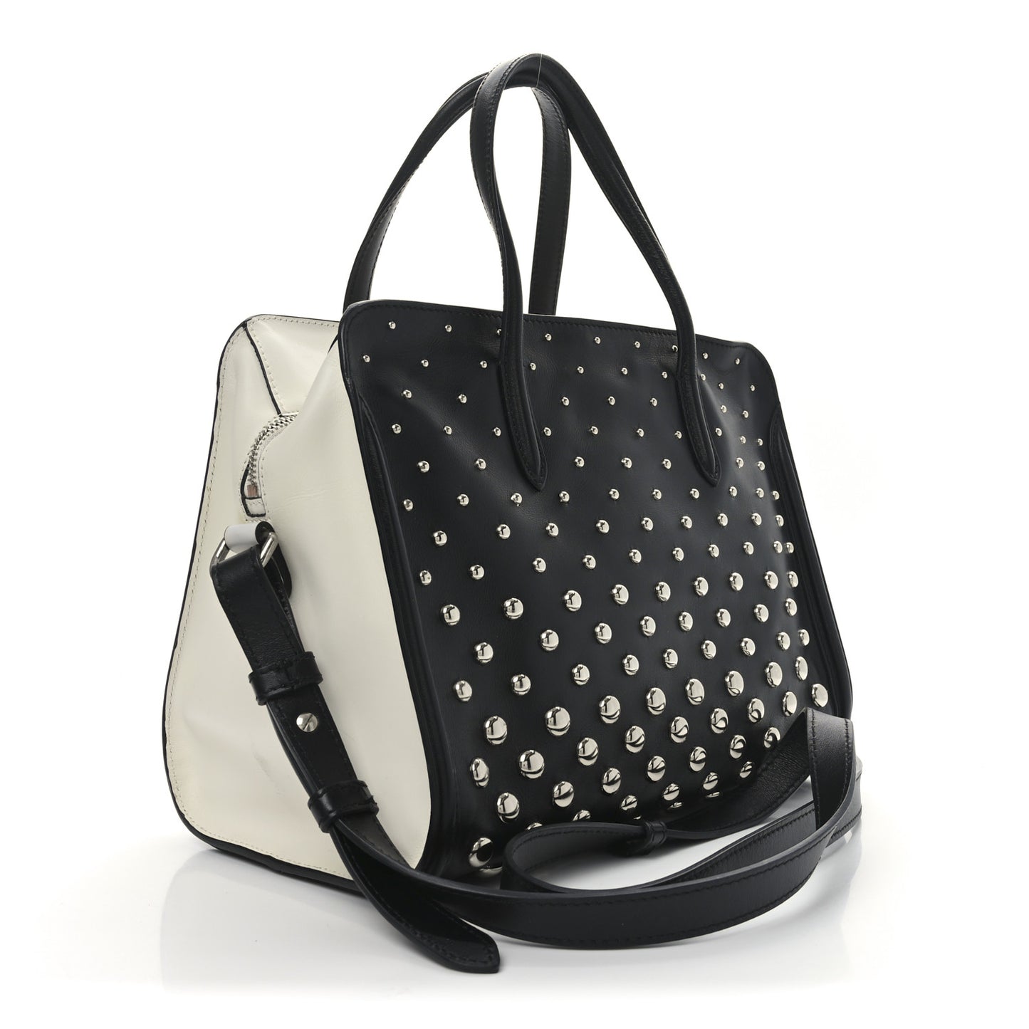 Calfskin Small Studded Padlock Zip Around Tote Black White