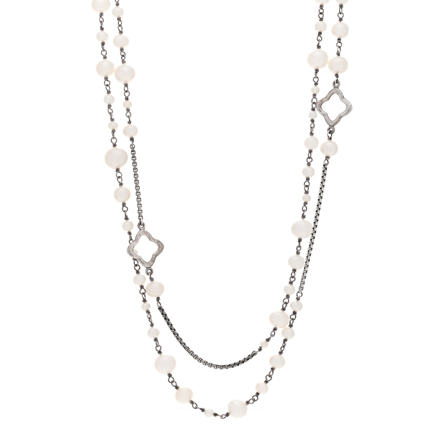 David Yurman Sterling Silver Pearl 9mm Quatrefoil Long Chain Necklace 1 of 6