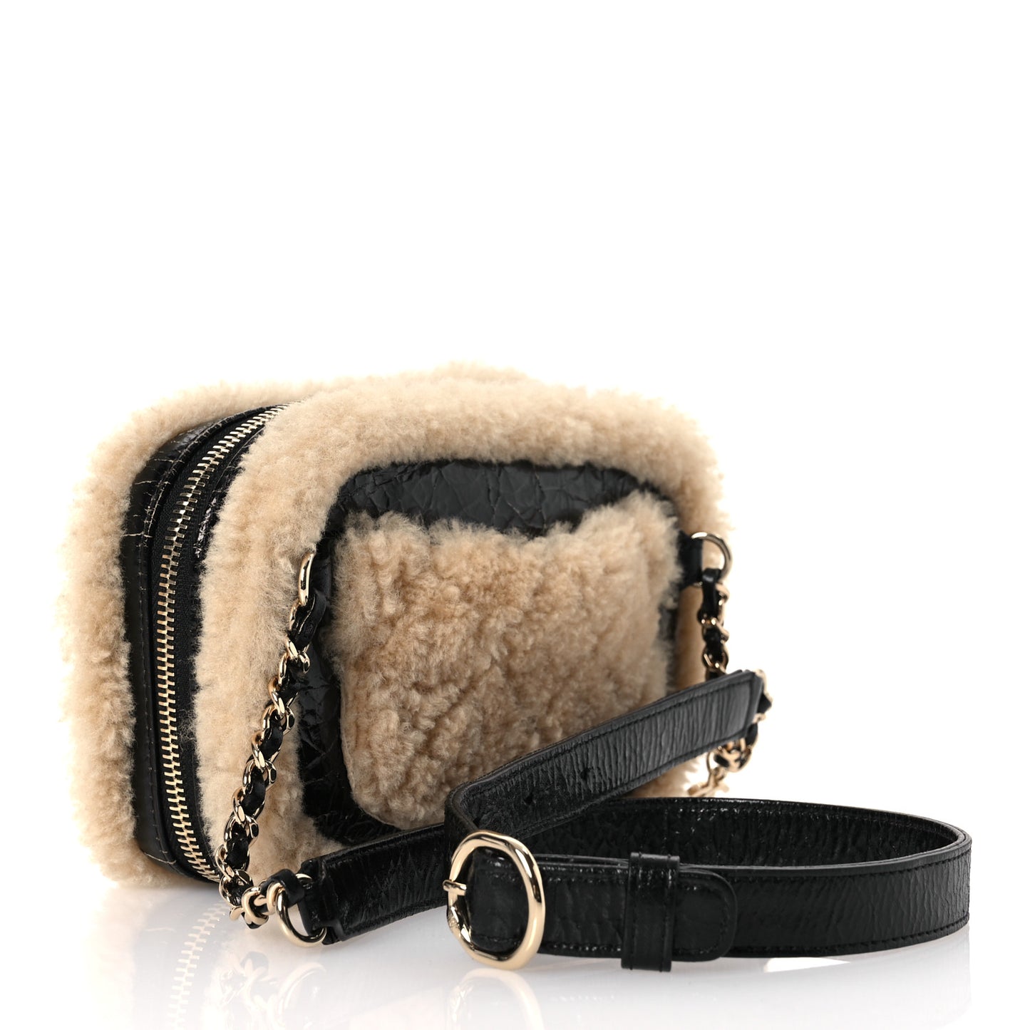 Shiny Crumpled Sheepskin Shearling Waist Bag Black Beige
