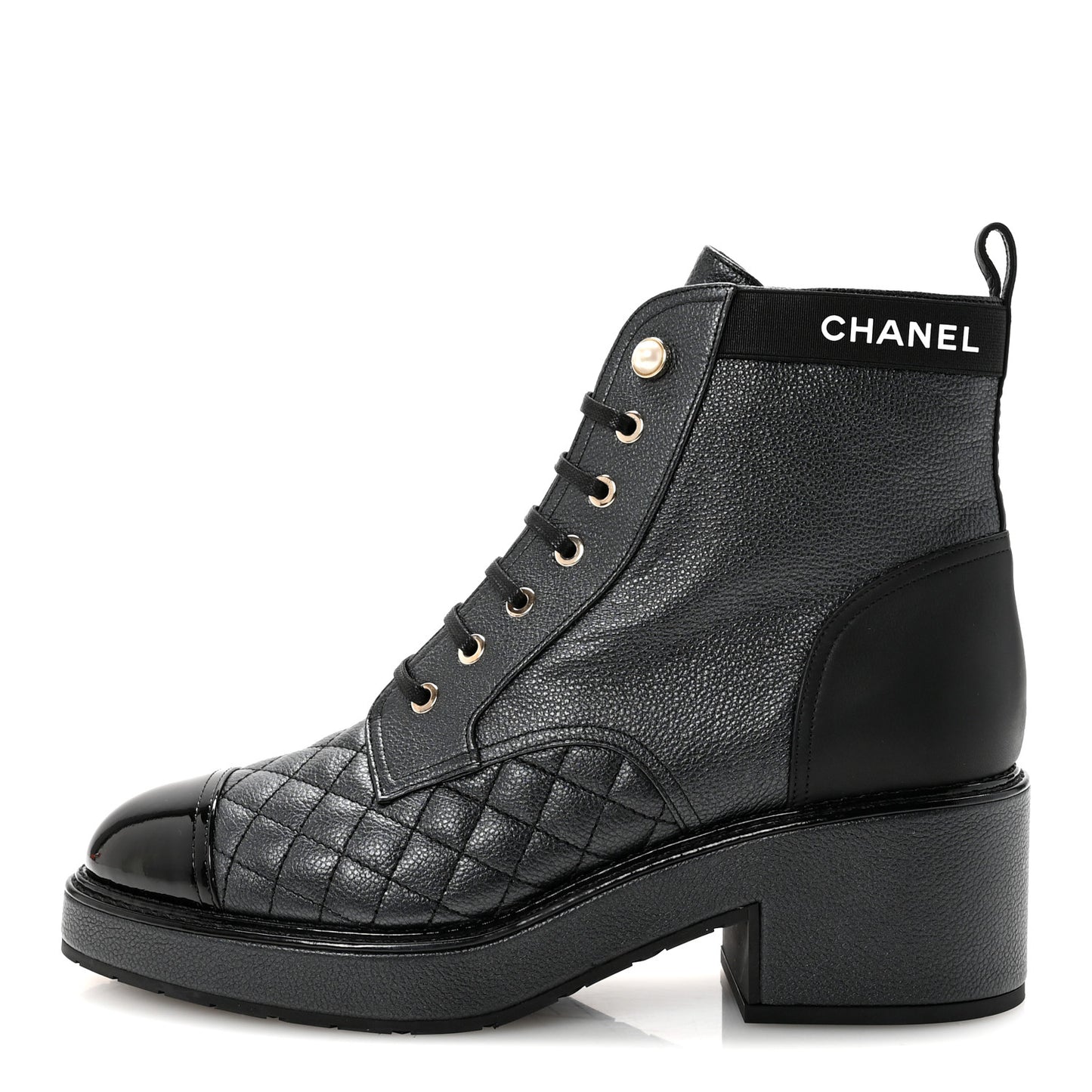 Pearly Calfskin Patent Calfskin Lace Up Combat Boots 41 Black