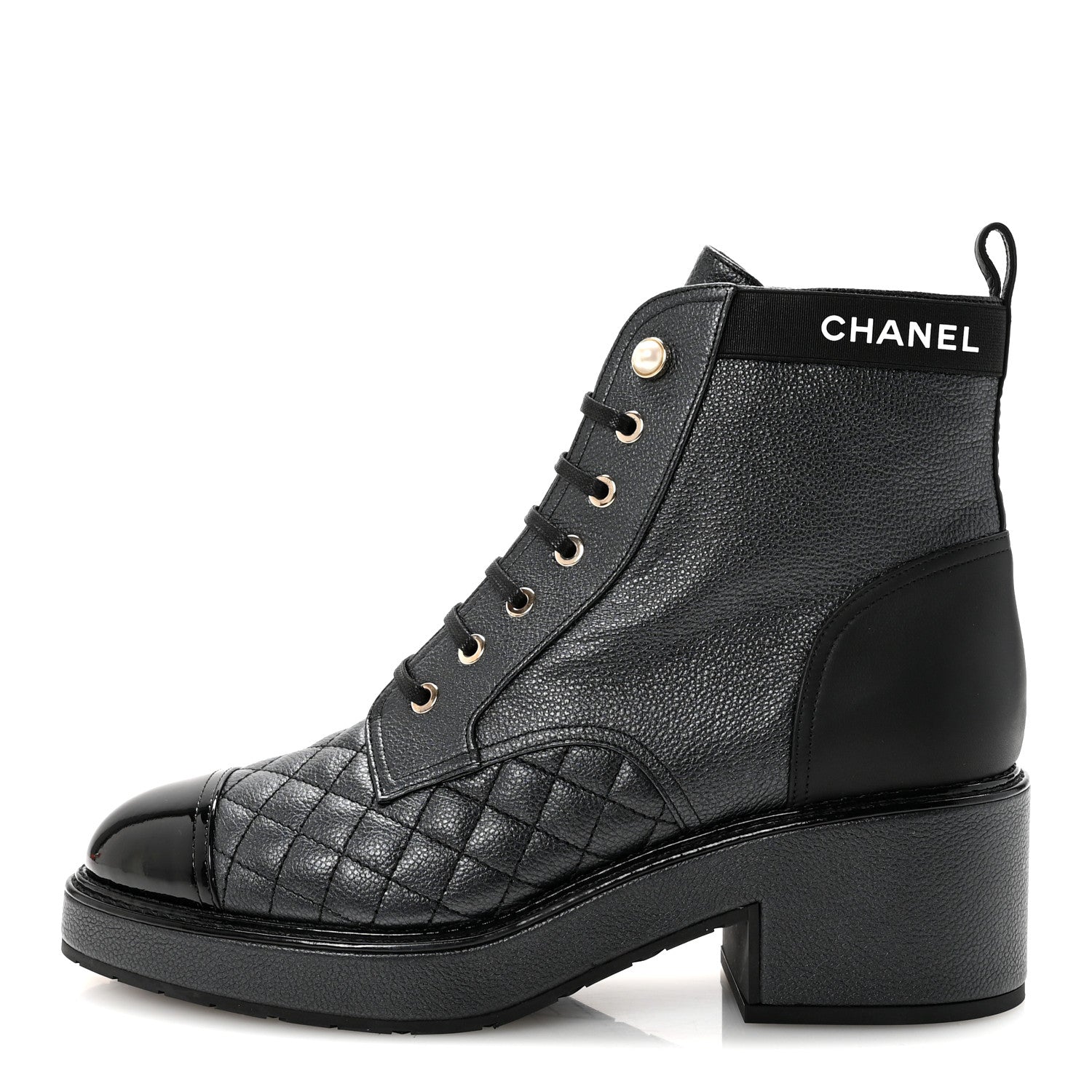 Chanel Pearly Calfskin Patent Calfskin Lace Up Combat Boots 41 Black 1 of 9