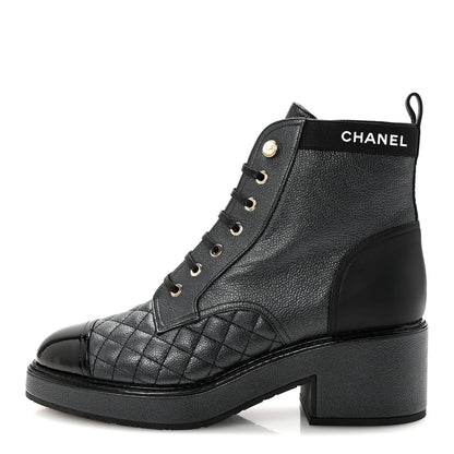 Chanel Pearly Calfskin Patent Calfskin Lace Up Combat Boots 41 Black 1 of 9