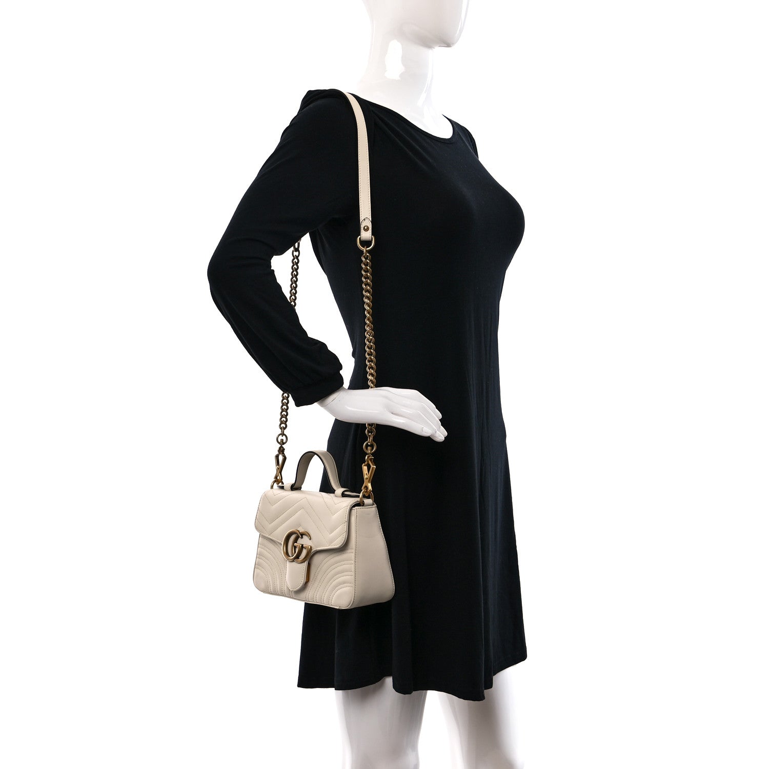 Gucci Calfskin Matelasse Mini GG Marmont Top Handle Shoulder Bag White 2 of 11