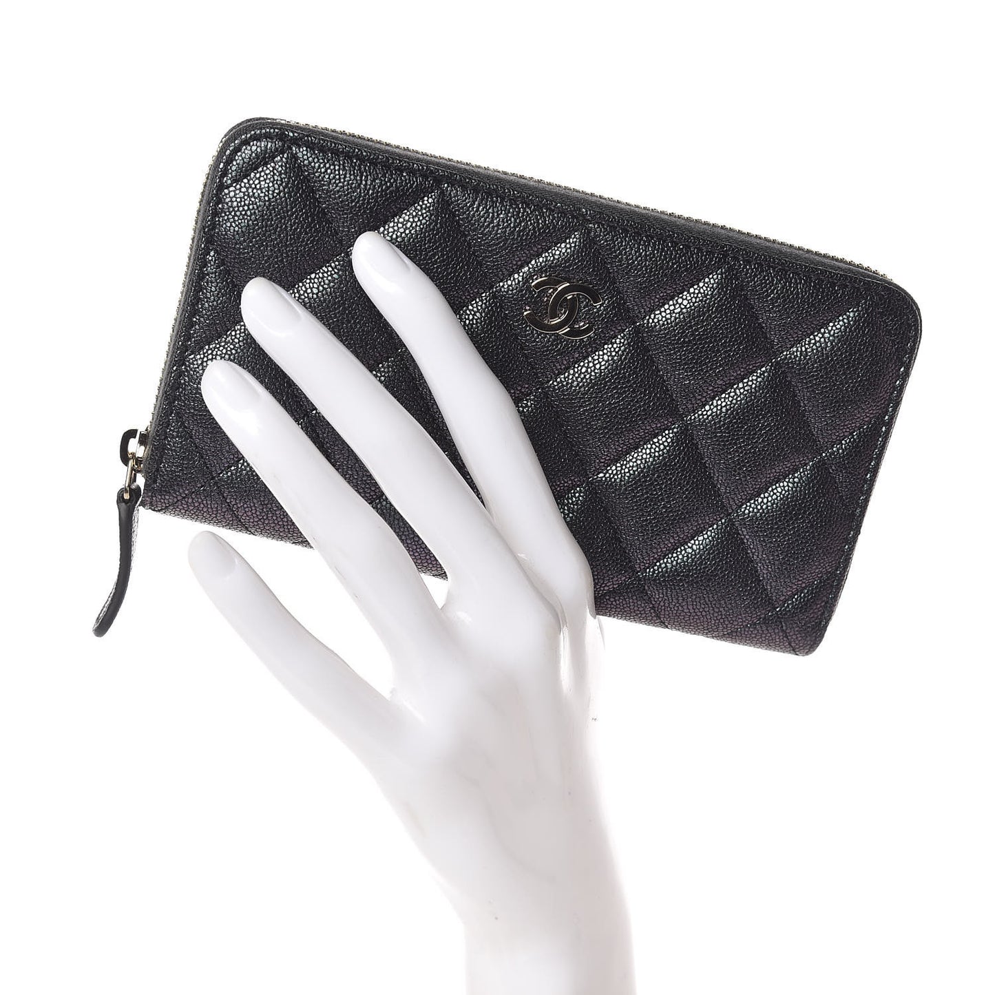 Iridescent Caviar Quilted Medium Zip Around Wallet Black