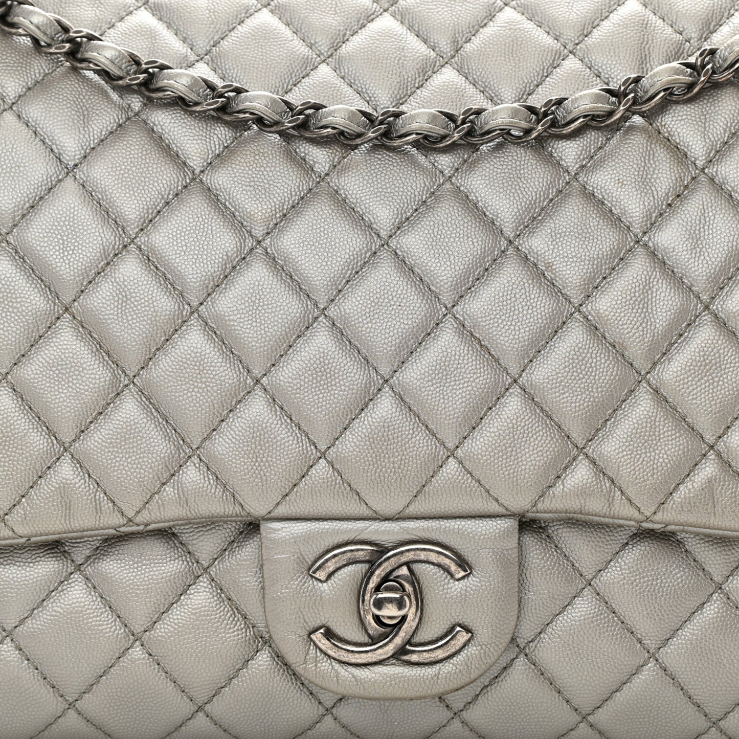 Metallic Caviar Quilted XXL Travel Flap Bag Silver