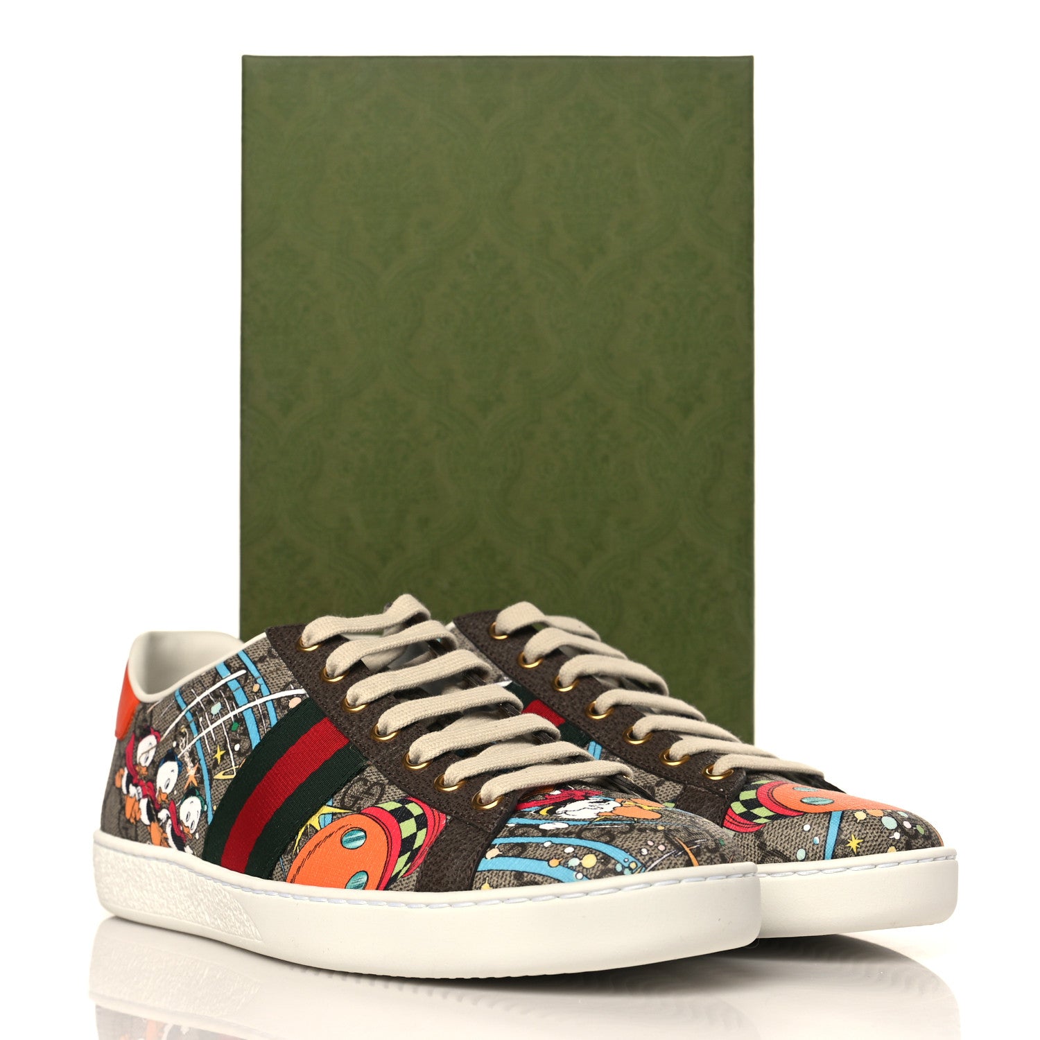 Gucci X DISNEY GG Supreme Monogram Web Donald Duck Womens Ace Sneakers 38.5 Beige New Acero Orange 9 of 9