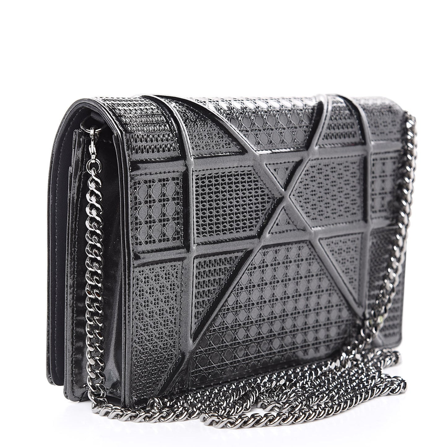Metallic Patent Micro-Cannage Diorama Wallet on Chain Pouch Onyx Black