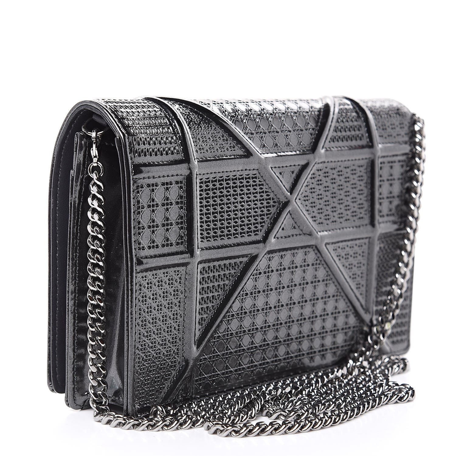 Christian Dior Metallic Patent Micro-Cannage Diorama Wallet on Chain Pouch Onyx Black 3 of 10
