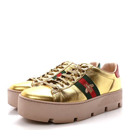 Gucci Metallic Nappa Web Bee Embroidered Womens Ace Platform Sneakers 38.5 Gold 4 of 8