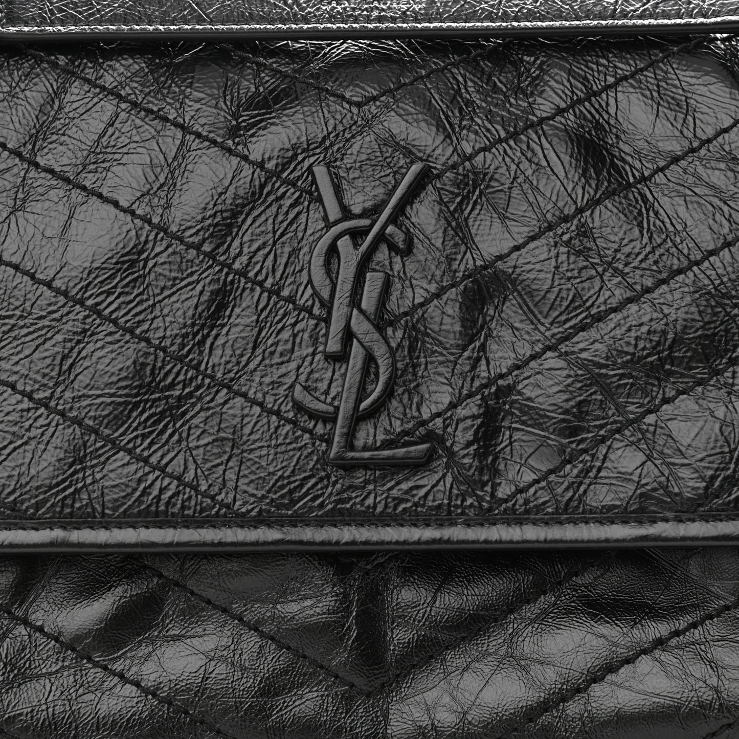 Crinkled Calfskin Matelasse Monogram Medium Niki Chain Satchel Black