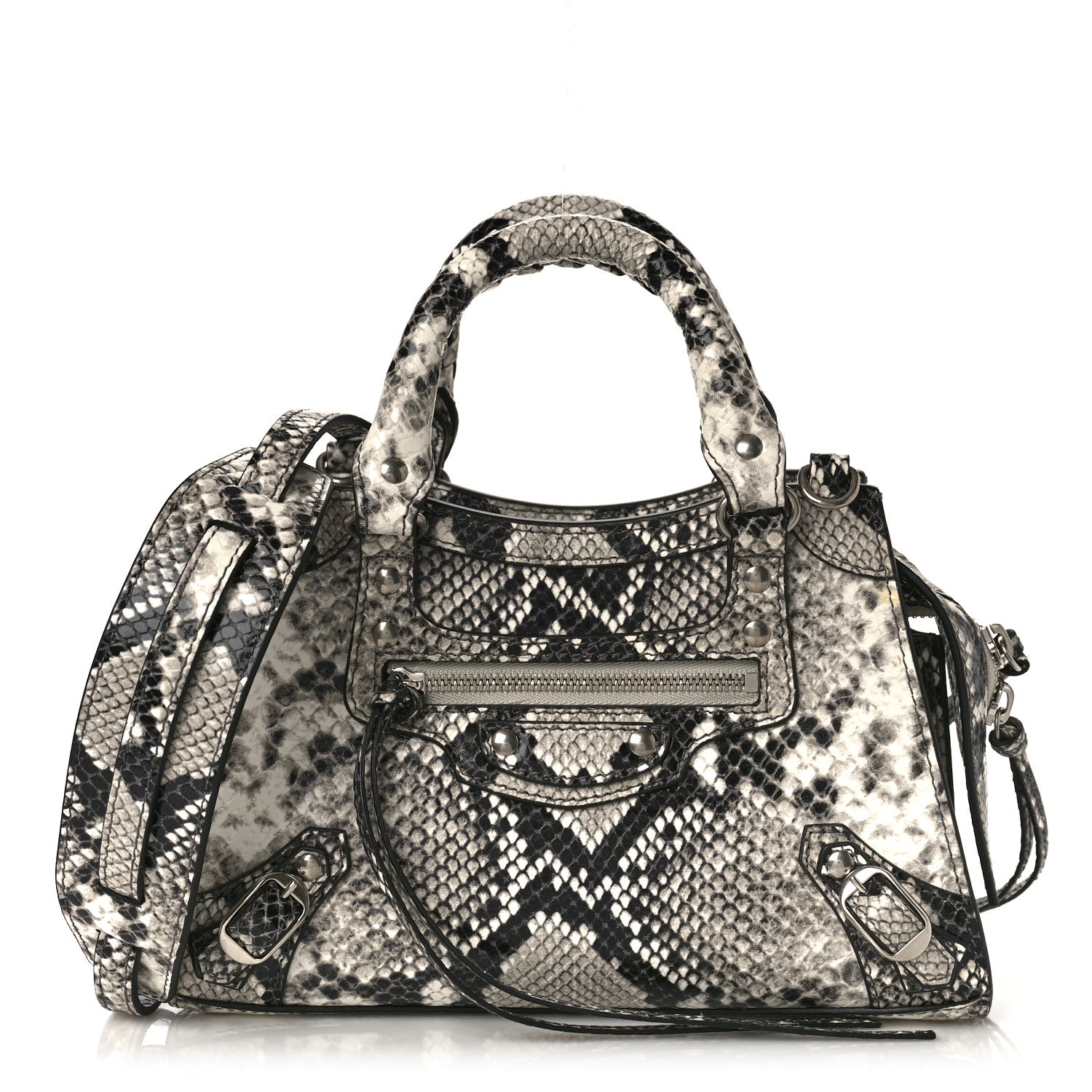Balenciaga Grained Calfskin Snake Effect Neo Classic Silver Hardware Mini City Black White 1 of 9
