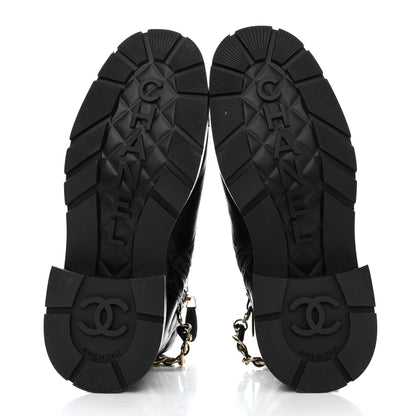Chanel Shiny Calfskin Patent Quilted Chain Lace Up Combat Boots 36 Black 5 of 8