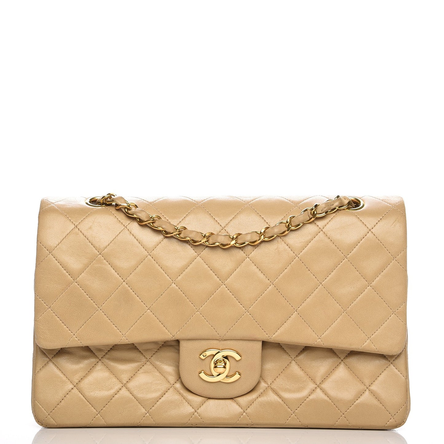 Lambskin Quilted Medium Double Flap Beige