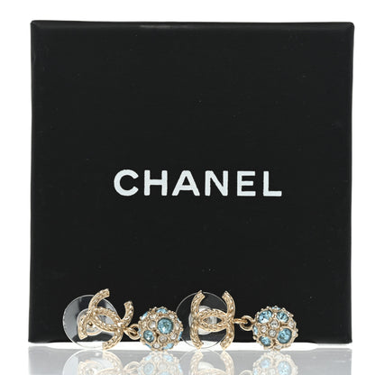 Chanel Crystal CC Ball Drop Earrings Gold Blue 5 of 5