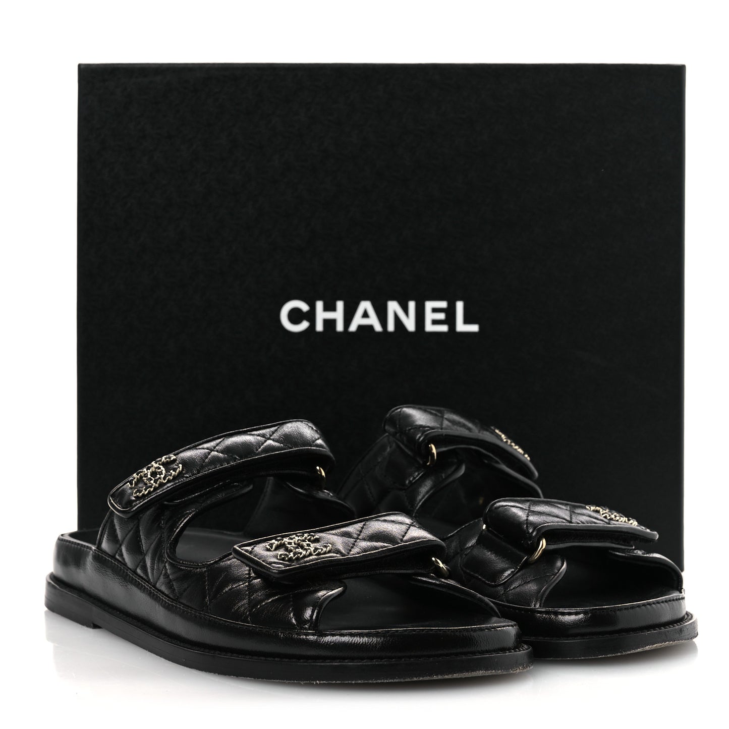 Lambskin Quilted Velcro Dad Chain CC Slide Sandals 39 Black