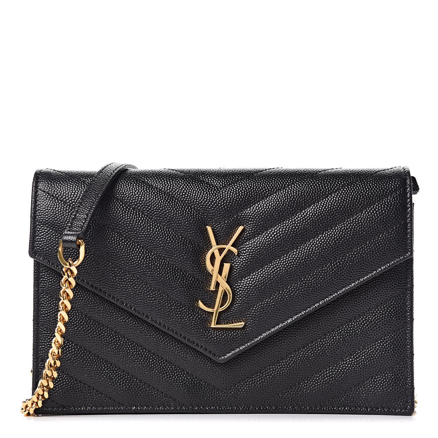 Saint Laurent Grain De Poudre Matelasse Chevron Monogram Envelope Chain Wallet Black 1 of 11