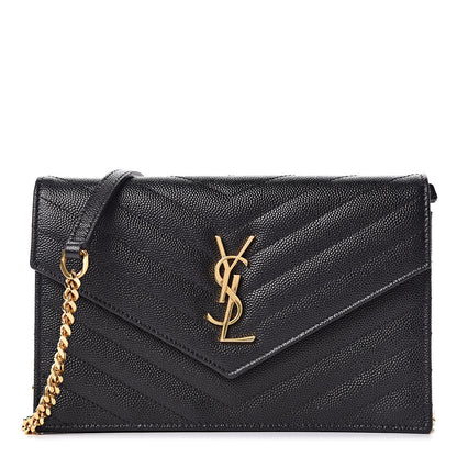 Saint Laurent Grain De Poudre Matelasse Chevron Monogram Envelope Chain Wallet Black 1 of 11