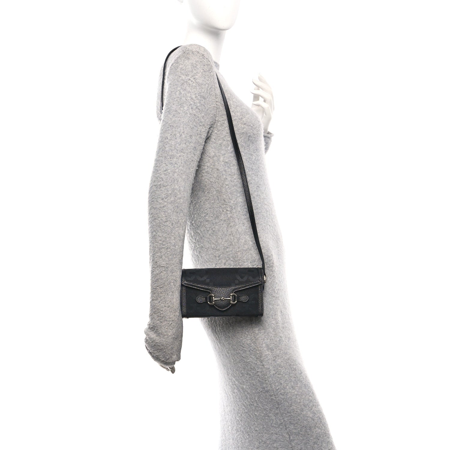 Gucci Monogram Jumbo GG Textured Dollar Calfskin Mini Horsebit 1955 Shoulder Bag Black 2 of 11