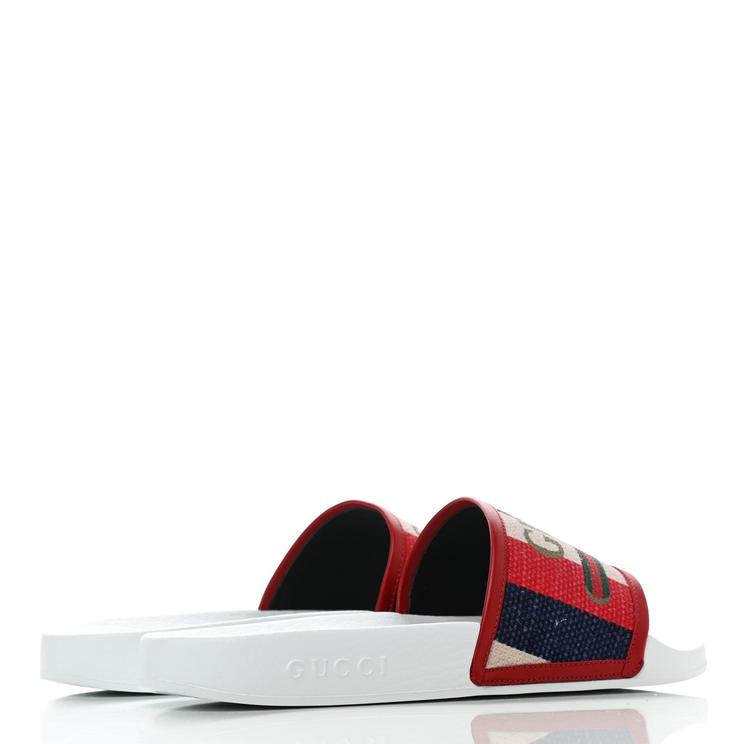 Gucci Canvas Sylvie Stripe Logo Mens Pursuit Slide Sandals 7 Mystic White Hibiscus Red Maritime 4 of 8