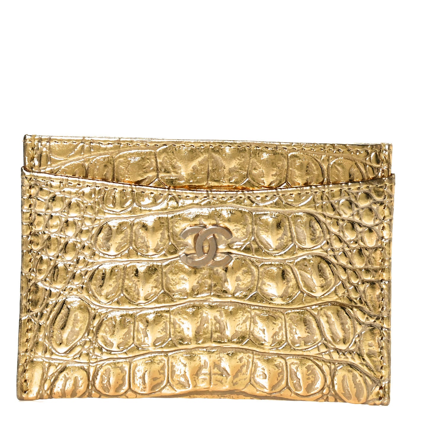 Metallic Calfskin Crocodile Embossed Cocodile Card Holder Gold