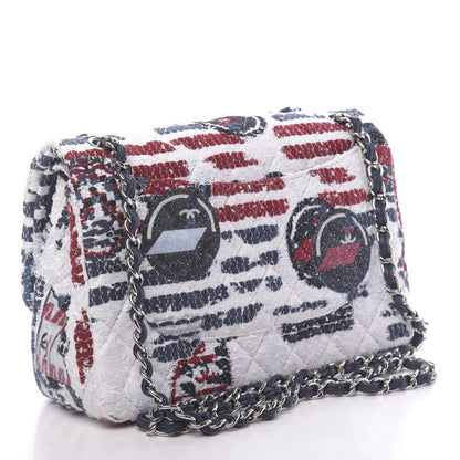 Chanel Tweed Airline Printed Jumbo Double Flap White Navy Red Peacock 4 of 11