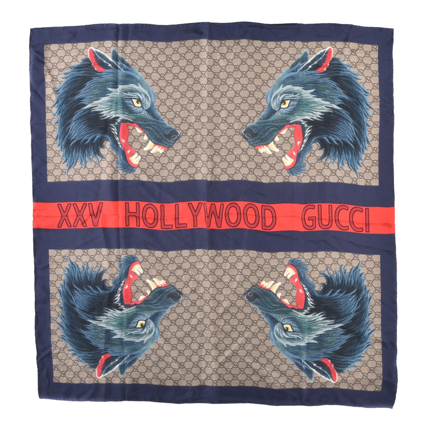 Silk Monogram XXV Holllywood Wolf Web Scarf Blue