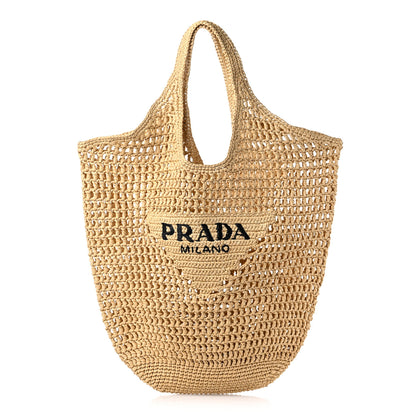 Prada Yarn Raffia Effect Crochet Logo Embroidered Shopping Tote Bag Naturale 1 of 9