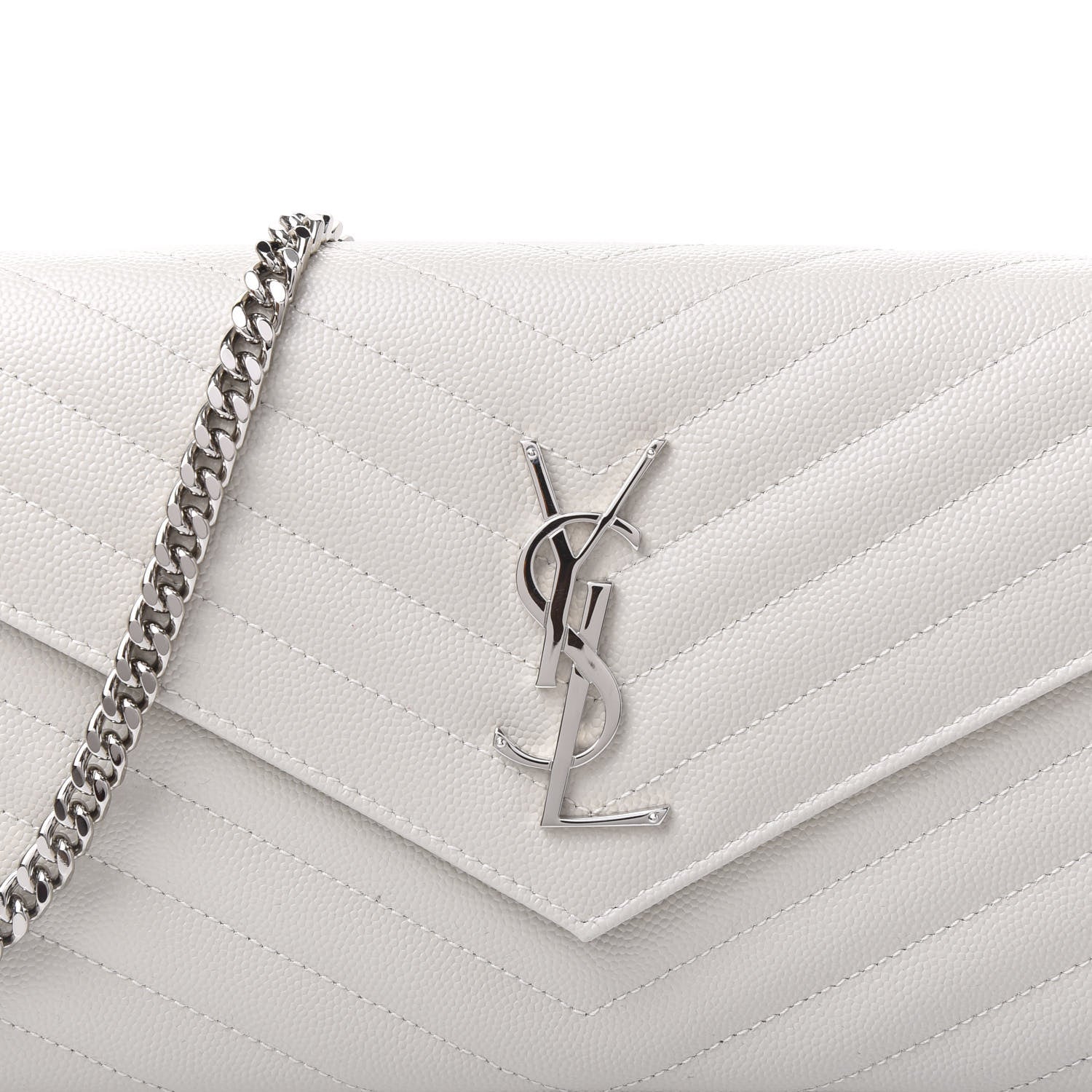 Saint Laurent Grain De Poudre Matelasse Chevron Monogram Chain Wallet Optical White 8 of 9