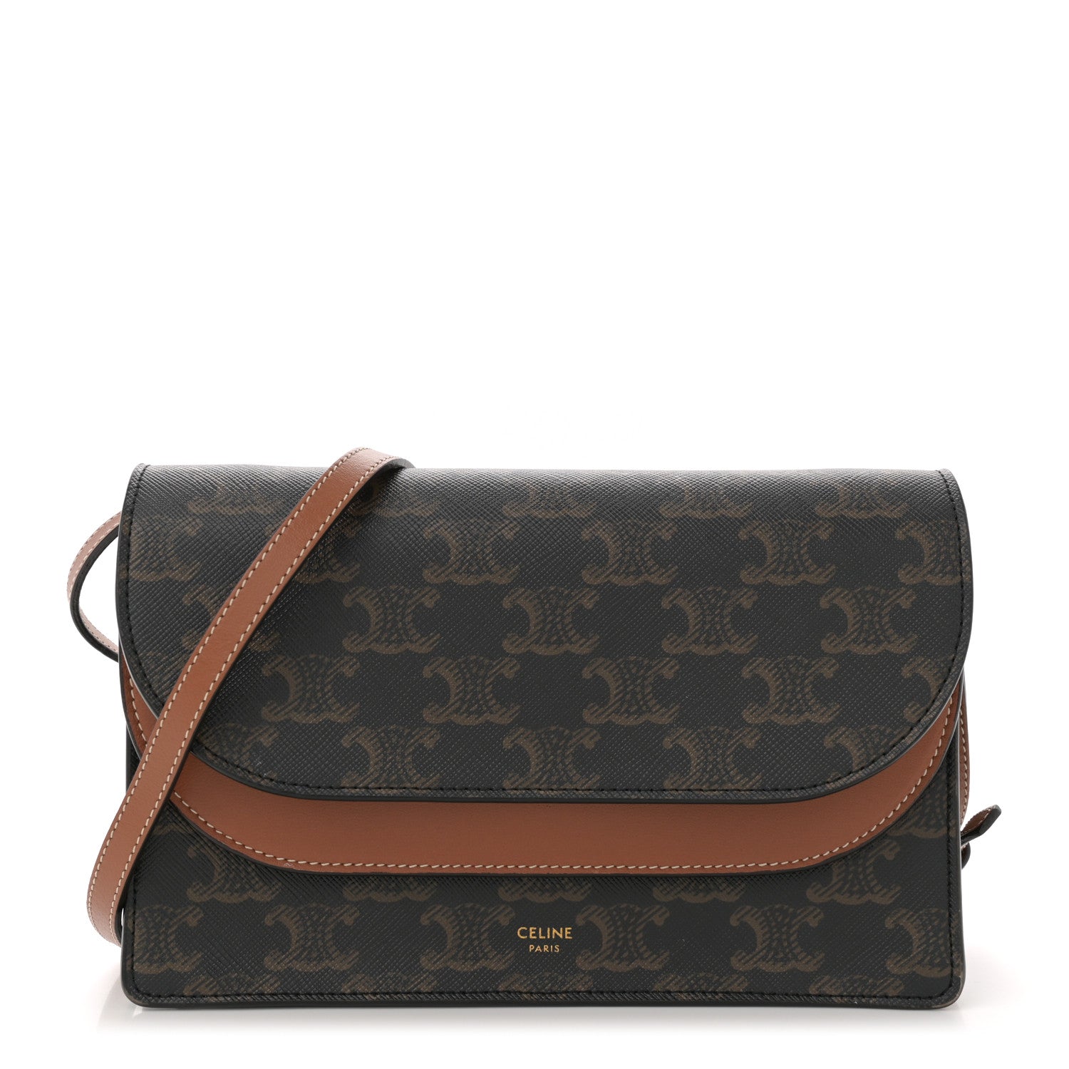 Celine Triomphe Canvas Lambskin Wallet On Strap Tan 1 of 12