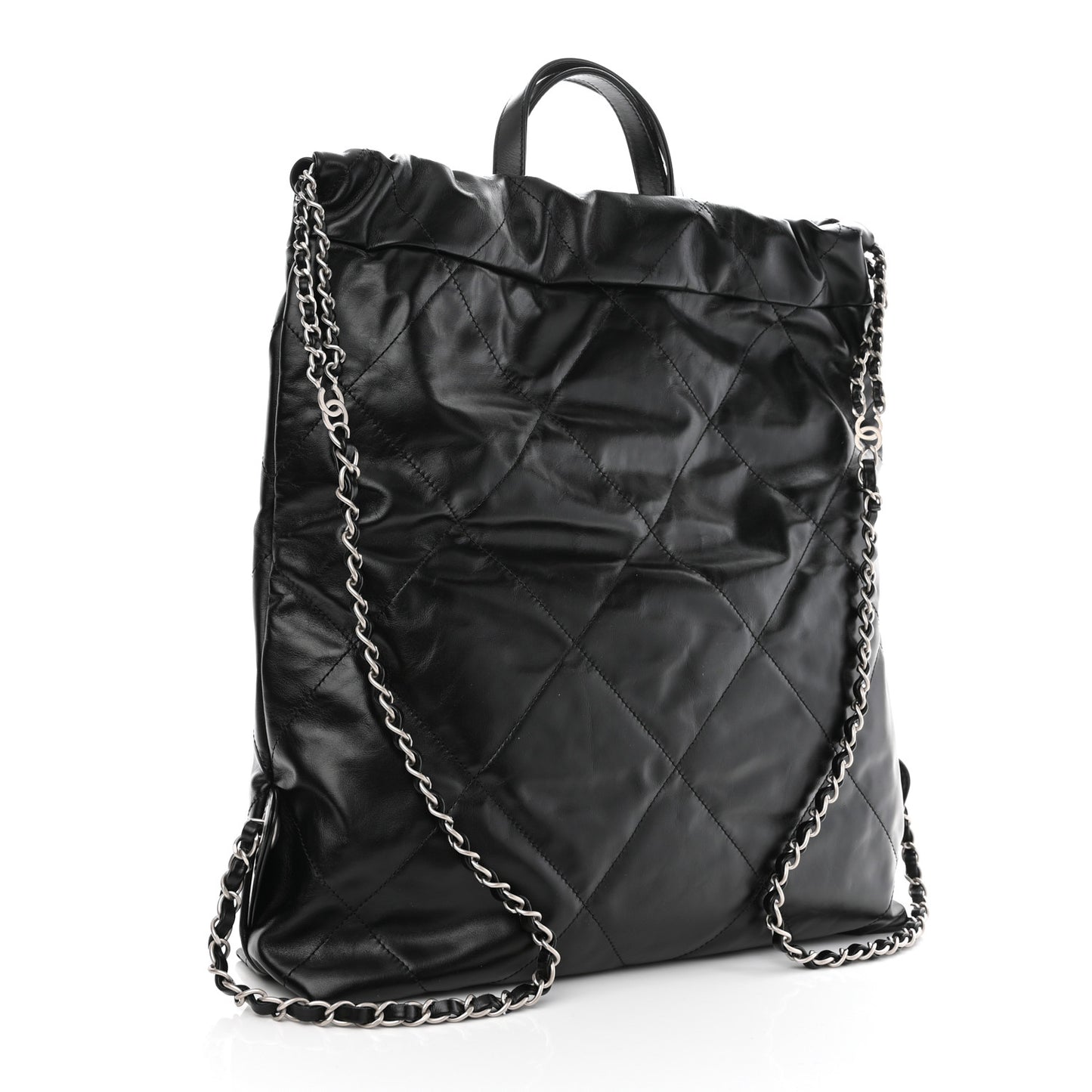 Shiny Calfskin Quilted Chanel 22 Backpack Black