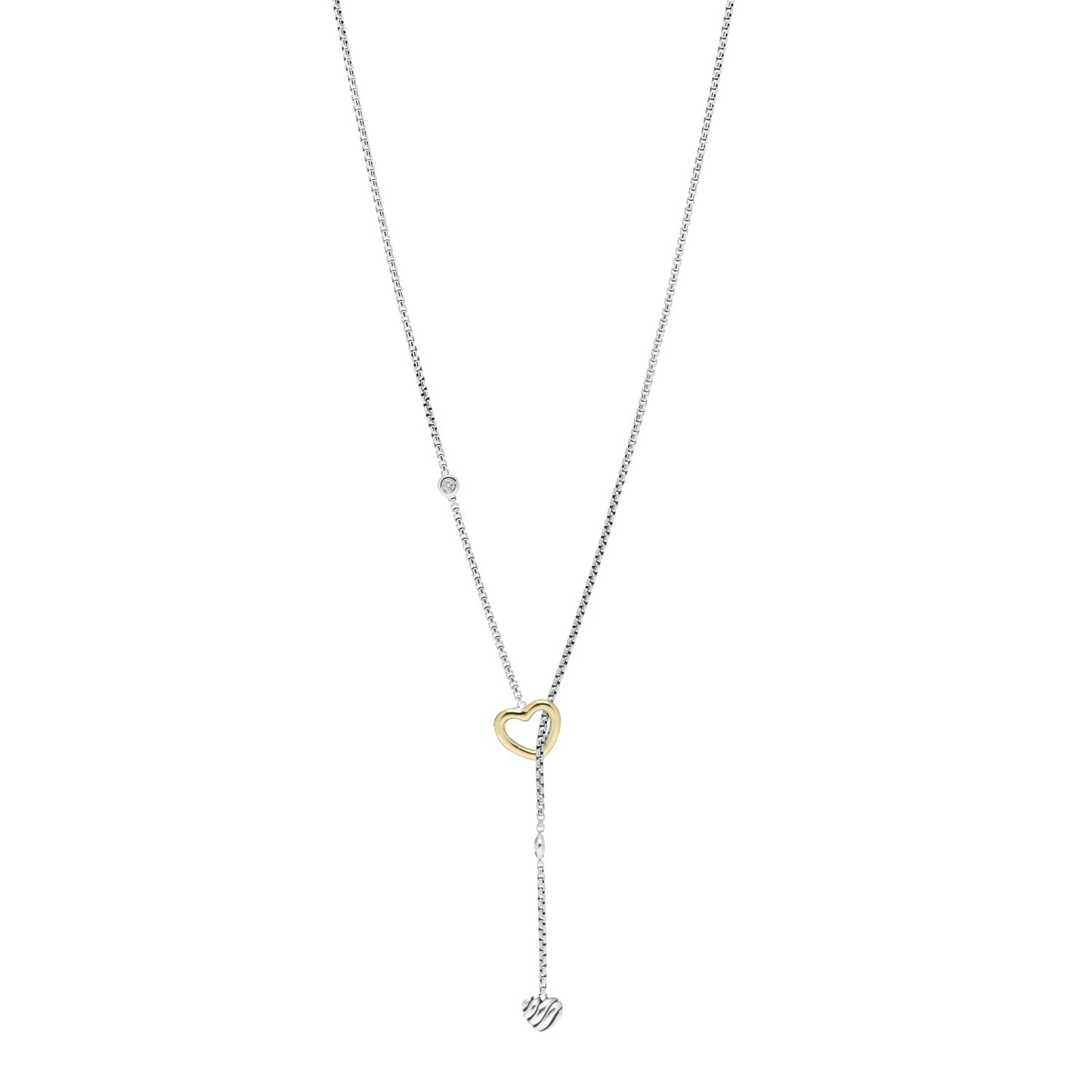Sterling Silver 18K Yellow Gold Diamond Cable Heart Lariat Necklace