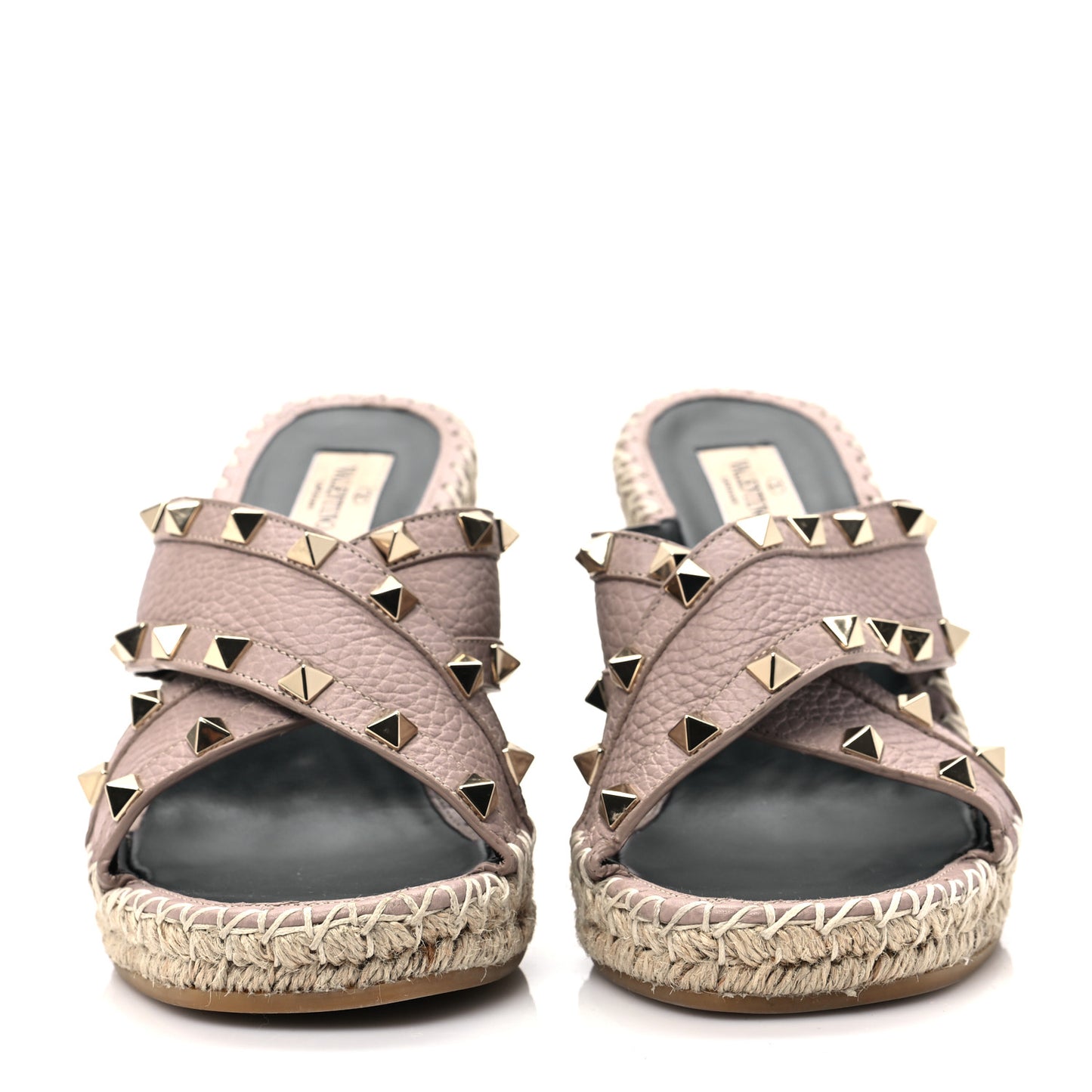 Pebbled Calfskin Rockstud Criss Cross Espadrille 15/105mm Wedge Sandals 37 Poudre