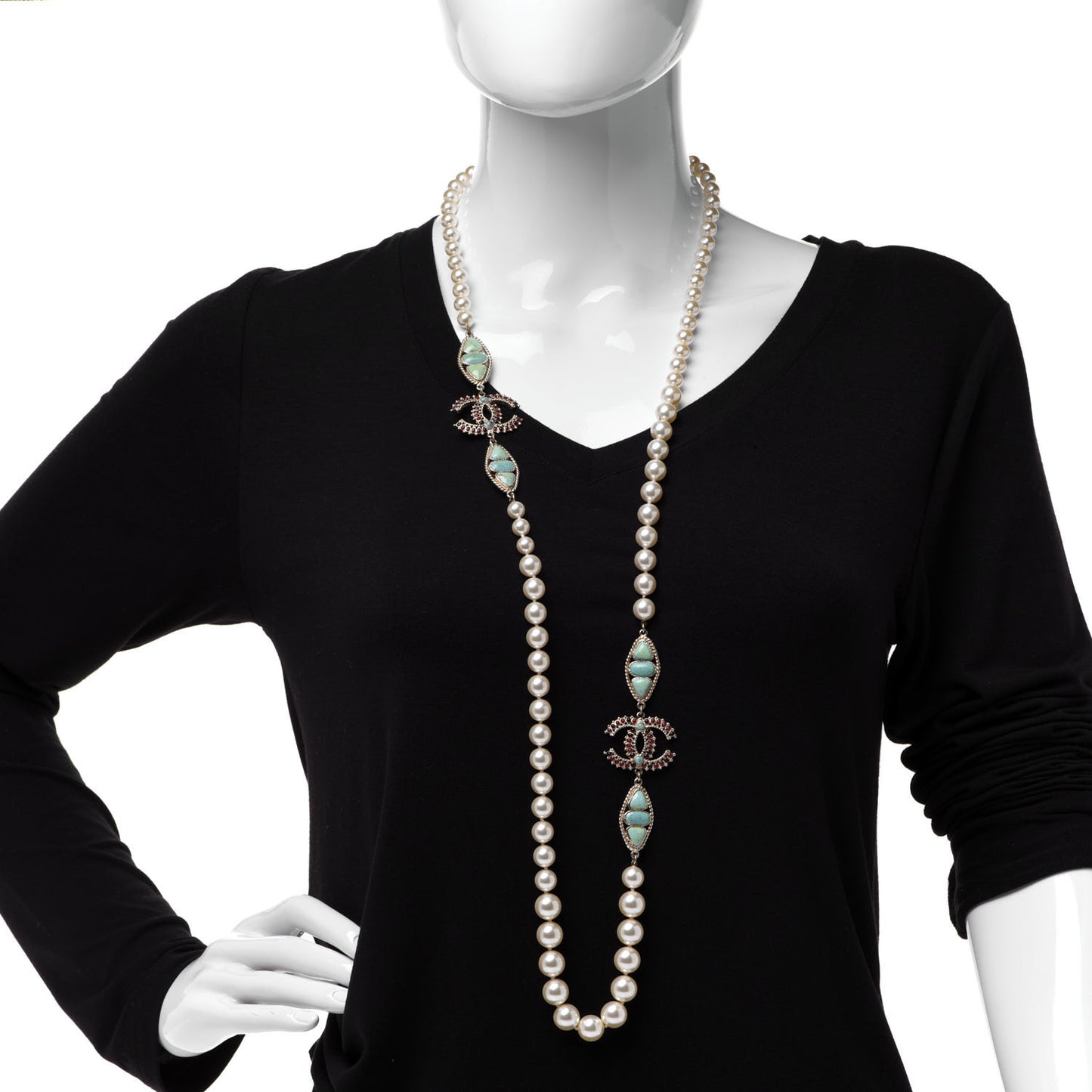 Pearl Gripoix CC Long Strand Necklace Turquoise Burgundy