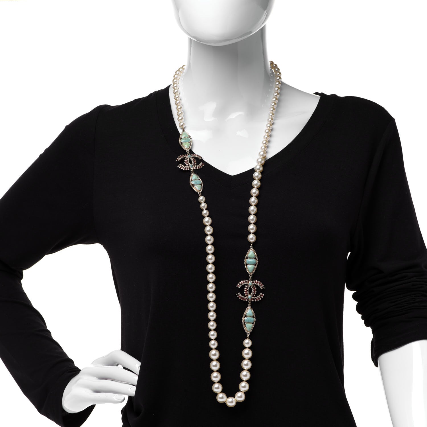 Chanel Pearl Gripoix CC Long Strand Necklace Turquoise Burgundy 2 of 5