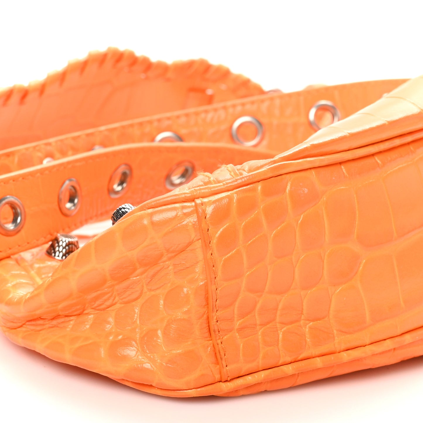Extra Supple Calfskin Crocodile Embossed Le Cagole Shoulder Bag XS Pop Orange