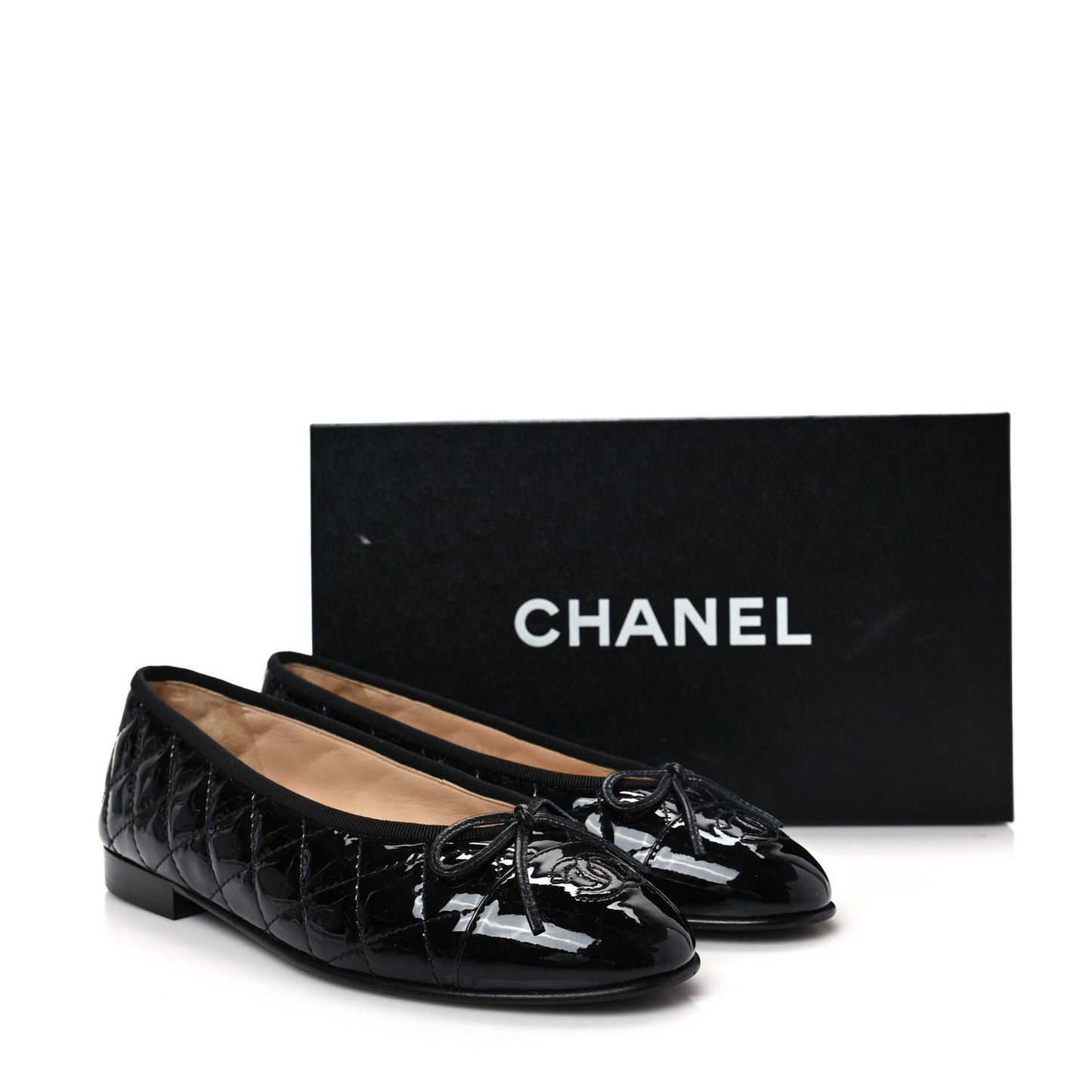 Patent Calfskin Quilted CC Cap Toe Ballerina Flats 37 Black