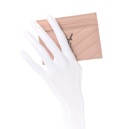 Saint Laurent Grain De Poudre Matelasse Chevron Monogram Credit Card Case Pale Pink 2 of 7