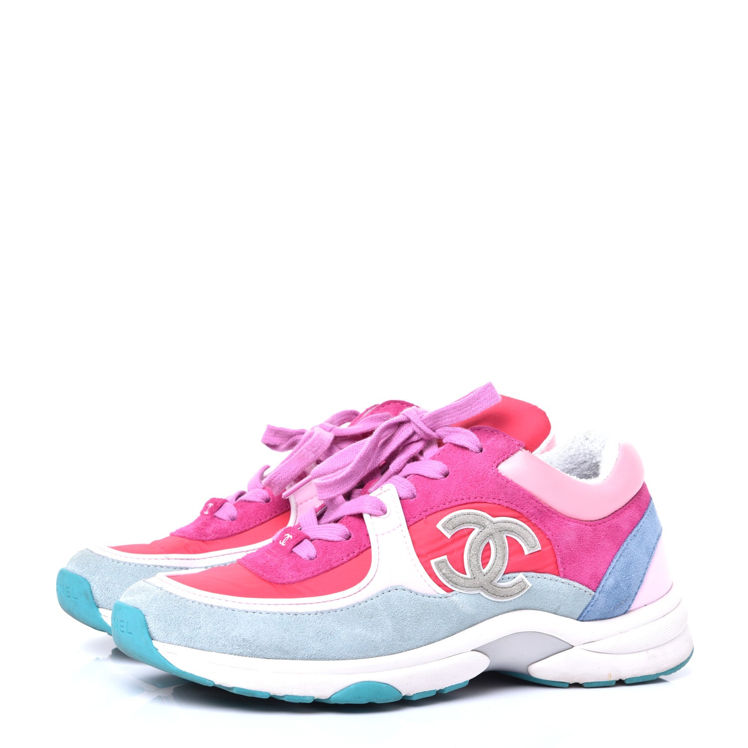 Chanel Nylon Lambskin Suede Calfskin CC Sneakers 38.5 Fuchsia Pink 2 of 9