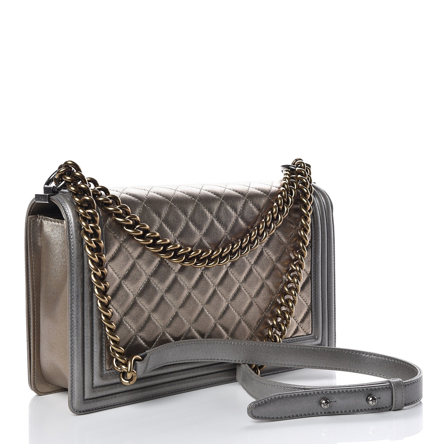 Metallic Calfskin Quilted New Medium Boy Flap Khaki