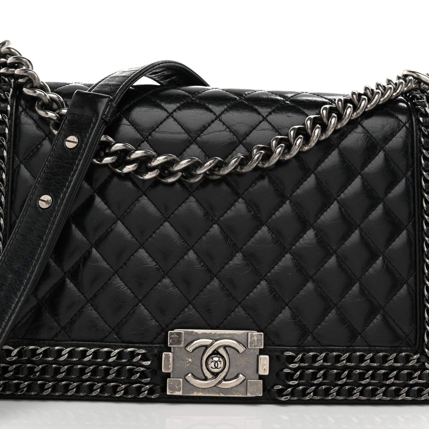 Glazed Calfskin Quilted New Medium Boy Chained Flap Black