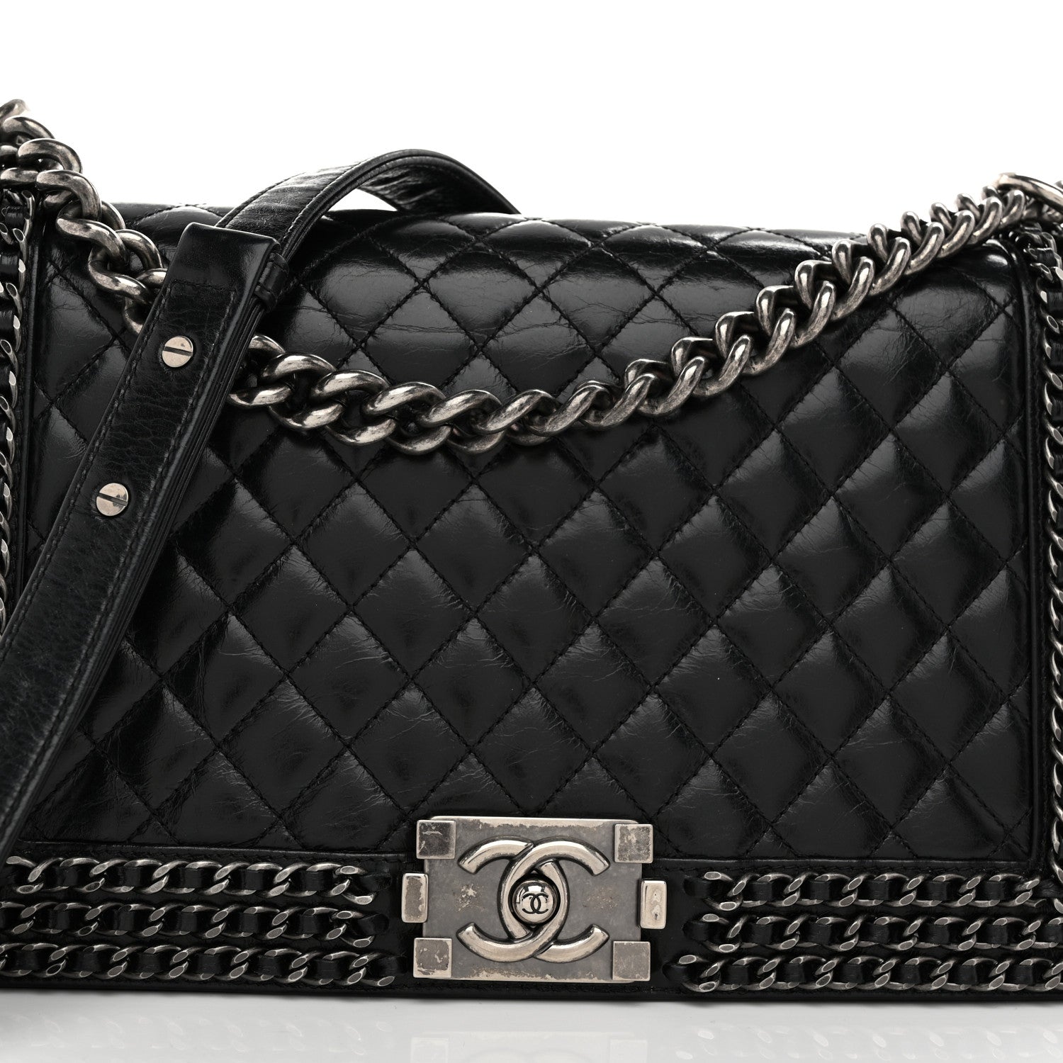 Chanel Glazed Calfskin Quilted New Medium Boy Chained Flap Black 8 of 10