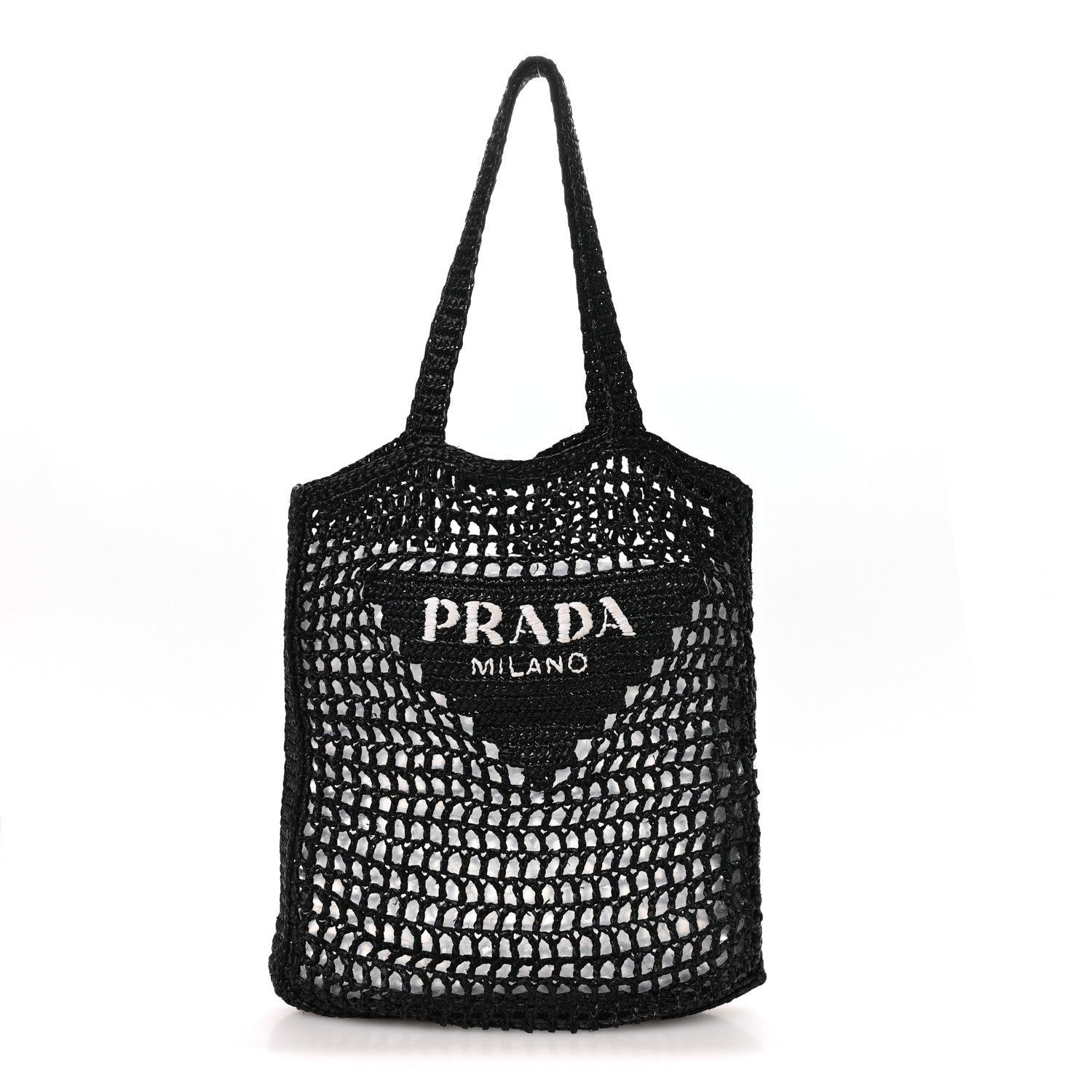 Prada Yarn Raffia Effect Crochet Logo Embroidered Tote Bag Black 1 of 9