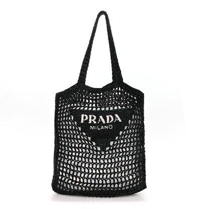 Prada Yarn Raffia Effect Crochet Logo Embroidered Tote Bag Black 1 of 9