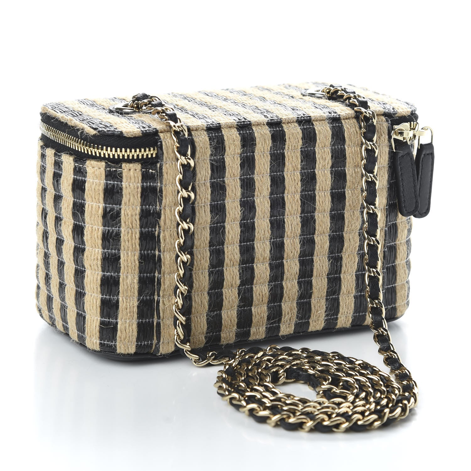 Chanel Raffia Jute Striped Small Vanity Case With Chain Black Beige 3 of 11
