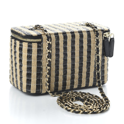 Chanel Raffia Jute Striped Small Vanity Case With Chain Black Beige 3 of 11