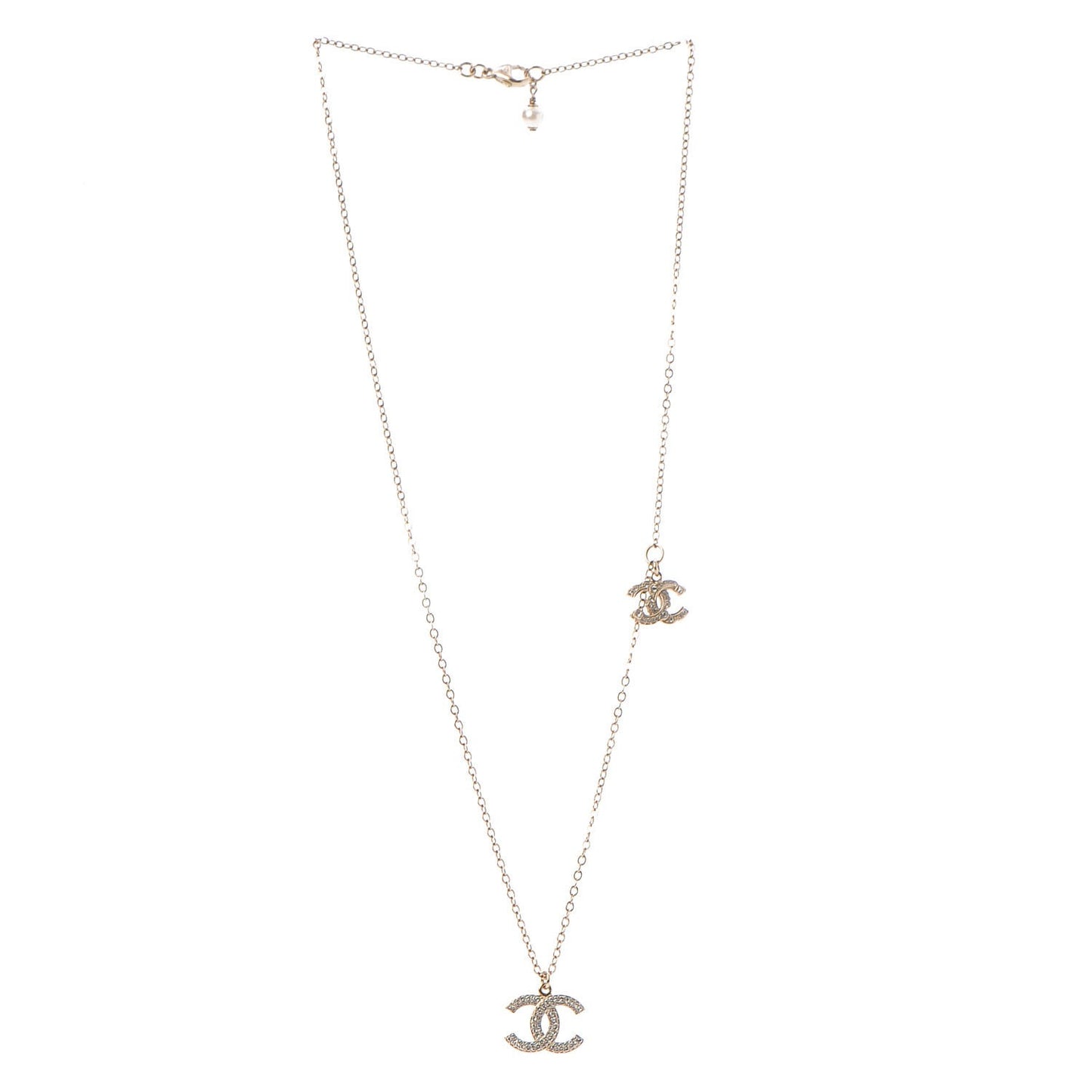 Crystal Pearl CC Lariat Necklace Gold