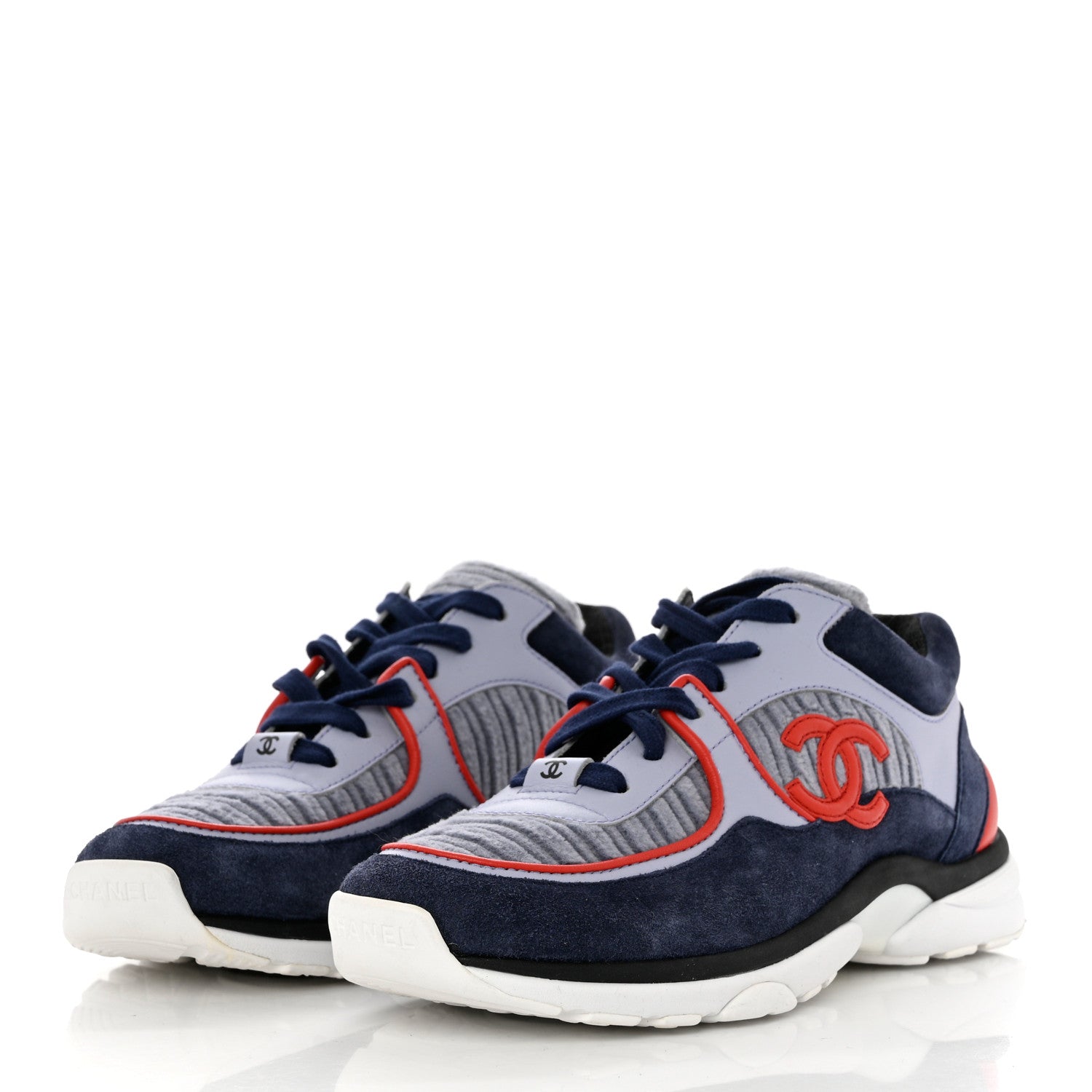 Chanel Suede Calfskin Womens CC Sneakers 37 Grey Red Blue 3 of 7