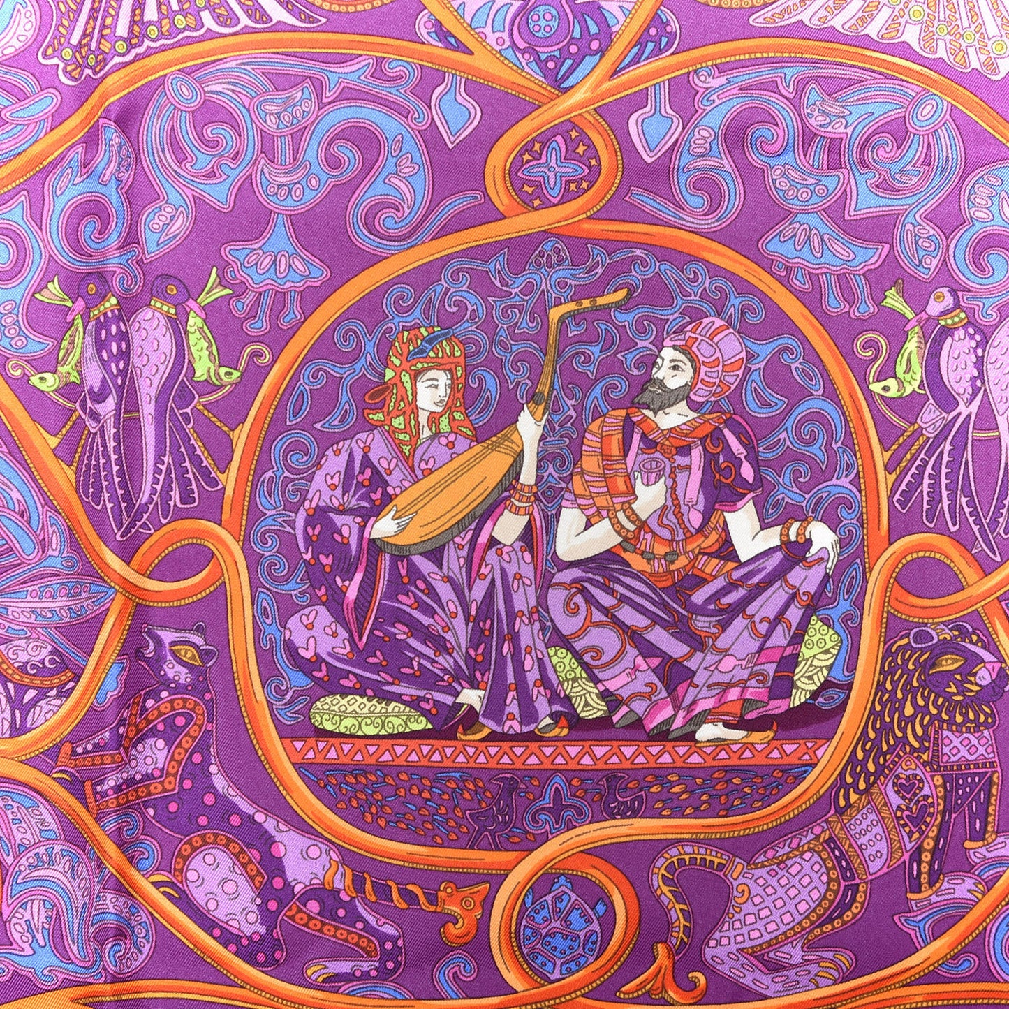 Silk La Charmante Aux Animux Scarf 90 Violet Orange Bleu